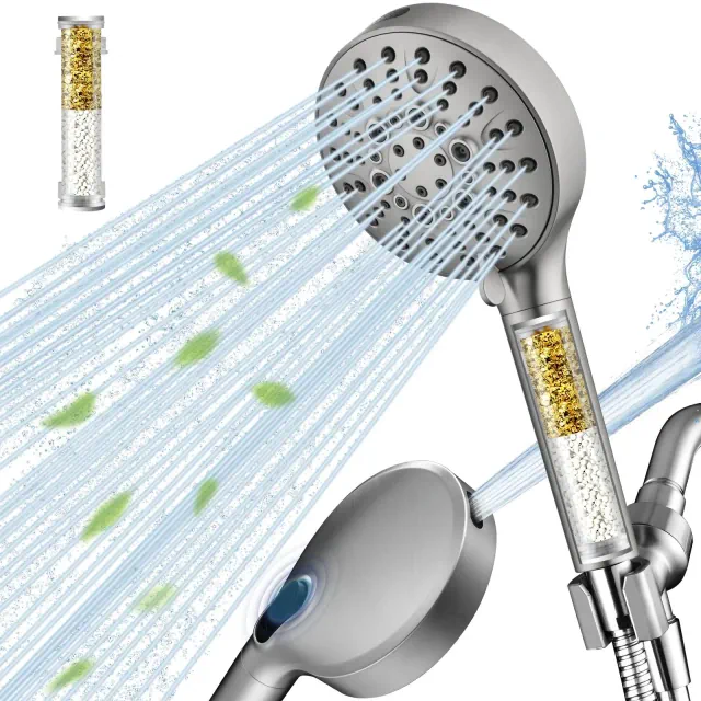 BRIGHT SHOWERS Filtered Shower Head with Handheld, High Pressure 9-Spray Showerhead with Hose and Adjustable Bracket, Brushed Nickel
