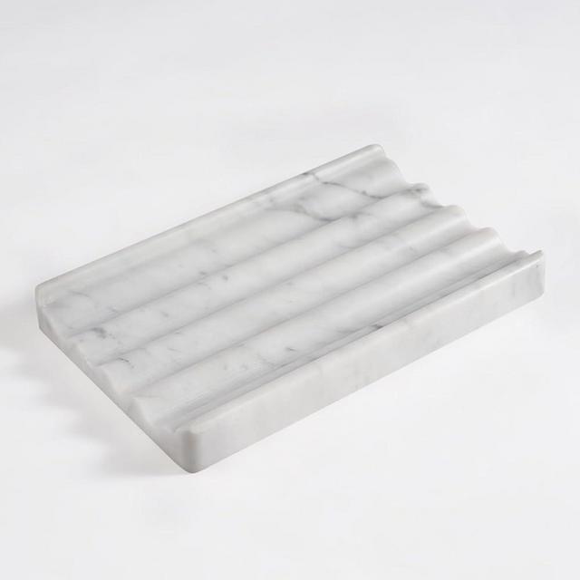 Soap Holder, Marble Soap Dish for Shower, Bar Soap Holder with Water Ripple Design, Easy Cleaning Soap Saver for Kitchen Sink，Bathroom, Executive Italian Natural Stone Soap Tray(Bianco Carrara)