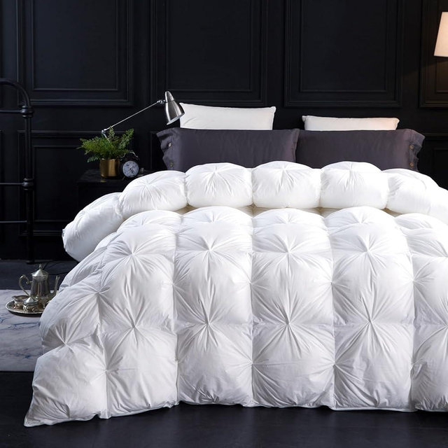 Three Geese King Size Pinch Pleat Duck Feather Down Fiber Comforter - All-Season Down Duvet Insert Fluffy Baffle Box Design with 8 Corner Loops for Warmth and Softness.