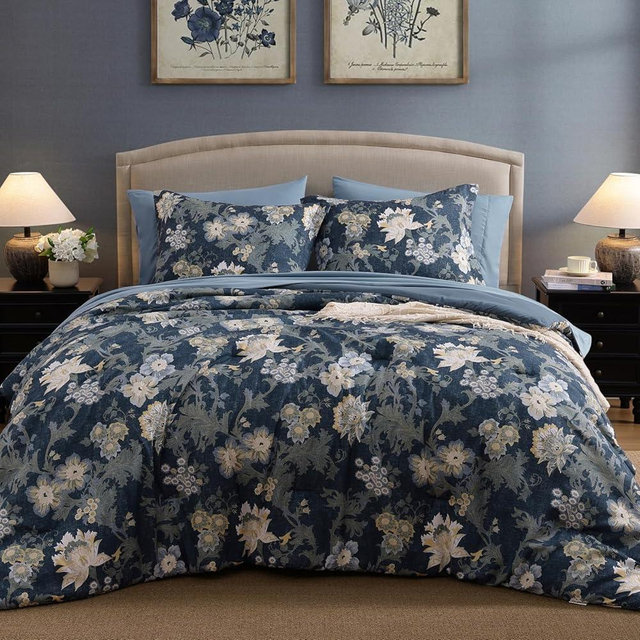 BLOOMHAVEN Queen Comforter Set -7 Pieces Floral Navy Blue Comforter Set for All Seasons, Bed in a Bag Queen with Botanical Flowers Comforter, Sheets, Pillowcases & Shams