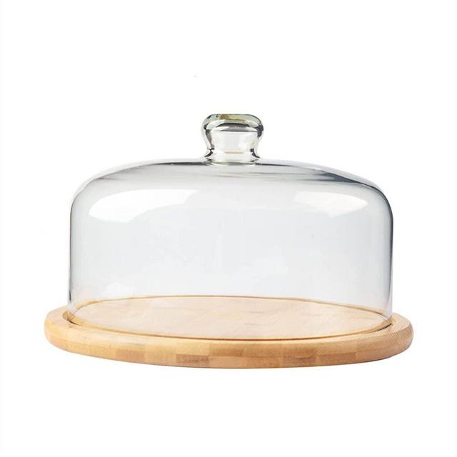 Bamboo Cake Stand with Glass Dome Cover, Rotating Cake Plate with Lid, Cake Holder with Turntable Base by ANMEISH ( Dome Diameter: 10.2 Inch)