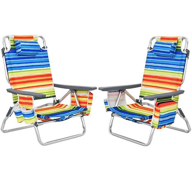 Giantex Beach Chair 2-Pack Sling Camping Chair, Sunbathing Chairs with 5 Adjustable Position, Head Pillow, Storage Bag, Towel Bar, Cup Holders, Folding Fishing Backpack Lawn Chairs