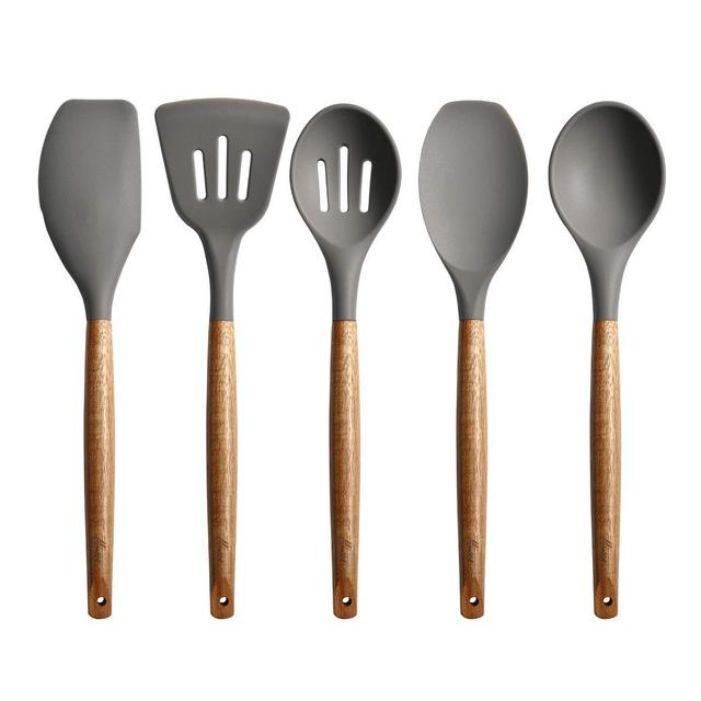 Miusco Non-Stick Silicone Cooking Utensils Set with Natural Acacia Hard Wood Handle, 5 Piece, Grey, High Heat Resistant