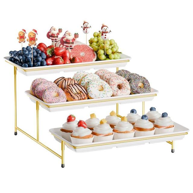 3-Tier Melamine Serving Tray Set, 14"x7" Platters for Serving Food, White Reusable Trays with Golden Metal Display Stand for Cupcakes, Sevring Food, Dessert, Fruit, Cookie, Gold