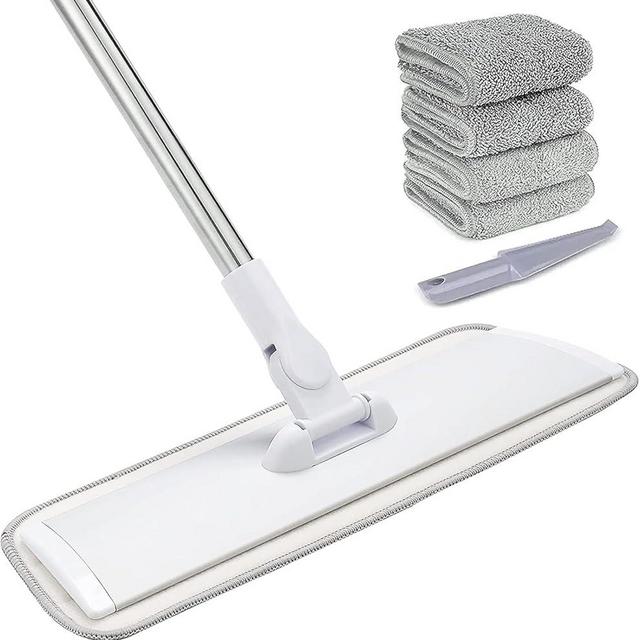 18" Professional Microfiber Mop Floor Cleaning System, Flat Mop with Stainless Steel Handle, 4 Reusable Washable Mop Pads, Wet and Dust Mopping for Hardwood, Vinyl, Laminate, Tile Cleaning (White)
