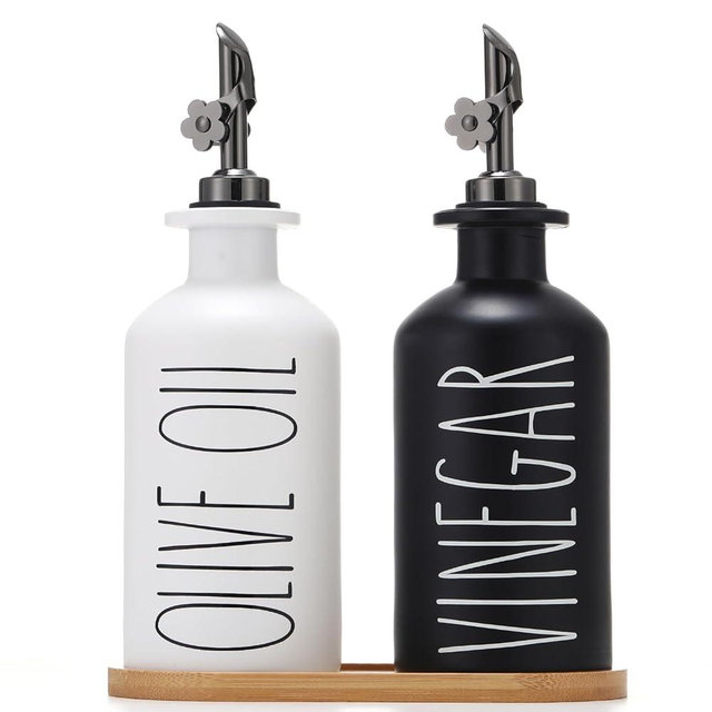 HOMCDALY Olive Oil Dispenser Bottle, Glass Olive Oil Bottle for Kitchen, Black and White Oil and Vinegar Dispenser with Bamboo Tray, Oil Dispenser, Oil Cruet| Set of 2 (11.8oz –P–Black&White)