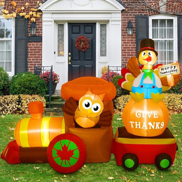 JETEHO 8.2 Ft Thanksgiving Inflatables Turkey Sitting on Train with Pumpkin Owl - Lighted Blow up Yard Decorations, Giant Blow up Turkey Thanksgiving Decorations Outdoor for Lawn