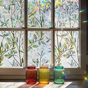 ADD.HERES Window Privacy Film, Stained Glass Decorative Static Cling, Removable Laser Sun Blocking Vinyl Covering, Window Film for Home Kitchen Living Room, Green Vineman, 17.5" x 78.7"