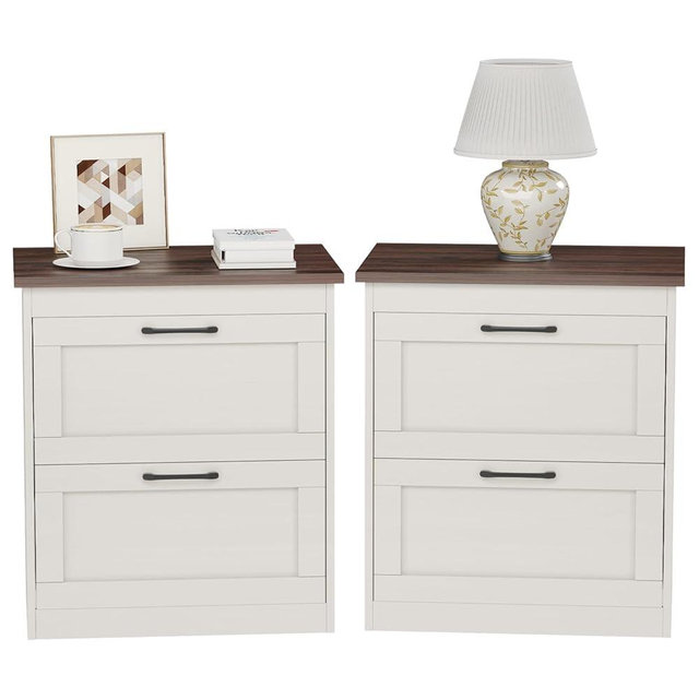 Vikiullf Farmhouse Nightstands Set of 2, Bedroom Night Stand with 2 Drawers, Wooden Bedside Tables 18.7W x 15.6D x 23.8H, White and Brown Wood Grain Finish