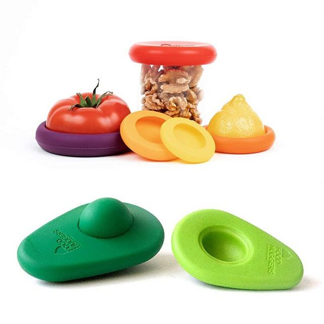 Food Huggers Zero Waste Starter Kit - (7 Pieces) -Avocado Hugger Saver Covers (Set of 2) + Reusable Silicone Food Savers Autumn Harvest (Set of 5), Dishwasher Safe, Keeps Food Fresh