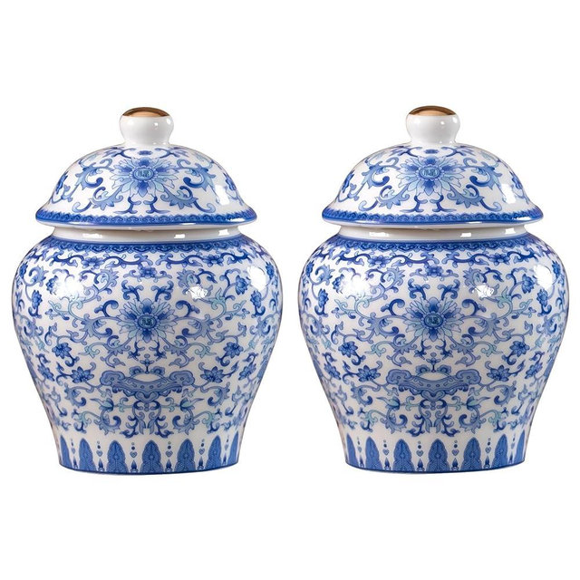 ZPGXLRZ 2 Pcs Chinoiserie Blue and White Porcelain Mini Ceramic Ginger Jars with Lid Ancient Chinese,Oriental Style,Decorative and Storage Jars