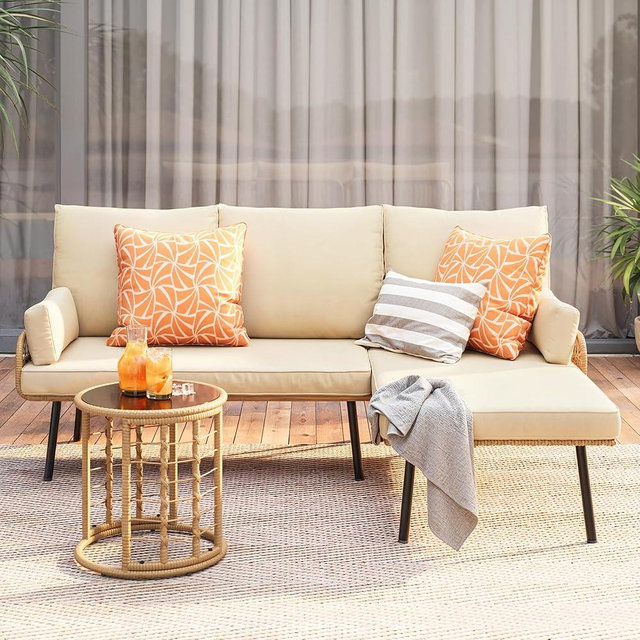 Gizoon 3-Piece Outdoor Patio Furniture Set, All-Weather PE Wicker L-Shaped Conversation Sofa with Thick Cushions & Glass Table, for Backyard, Porch, Balcony, Poolside (Beige)