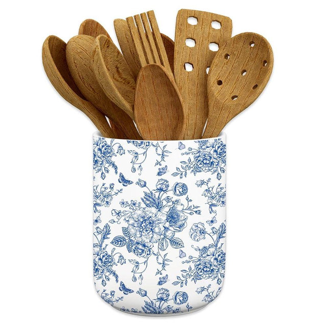 JarThenaAMCS Chinoiserie Floral Ceramic Utensil Holder Blue Flower Butterfly Utensil Crock for Home Kitchen Countertop Storage Organizer Container