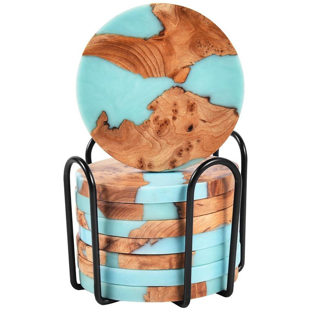 Drink Coaster Set, Wooden Absorbent Coasters, Epoxy Resin Coaster for Coffee Table, Tabletop Protection Decor, Modern Coasters Set of 8 with Holder