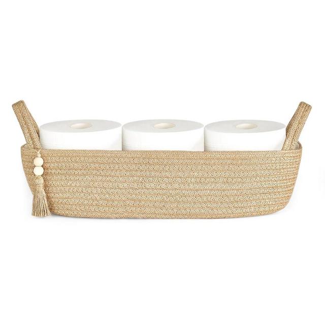 Mkono Small Storage Basket for Toilet Tank Top Boho Bathroom Decor Jute Rope Toilet Paper Tray Back of Toilet Organizer for Shelf Bedroom Living Room, Jute, 1 Pack, 15.7"L x 6"W