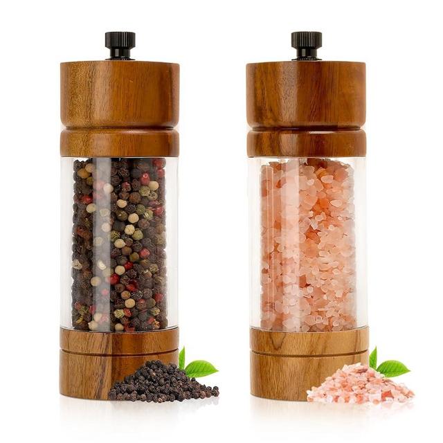 FUSHUI 2 Pack Wood Salt and Pepper Grinder Set, Premium Acrylic Salt and Pepper Grinder Set with a Adjustable Ceramic Rotor - Made of High-Grade Acacia Wood Material, Comfortable to the Touch