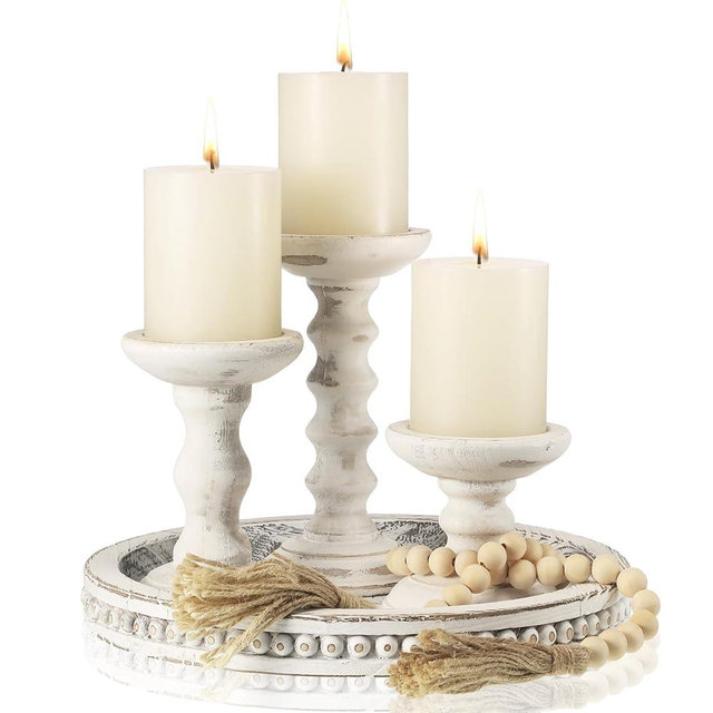 Reallnaive 8 Pcs Farmhouse Wood Candle Holders with Pillar Candles Set Wooden Rustic Candle Holders Round Decorative Serving Tray Bead Garland with Natural Wood Tassels for Table Centerpiece(White)