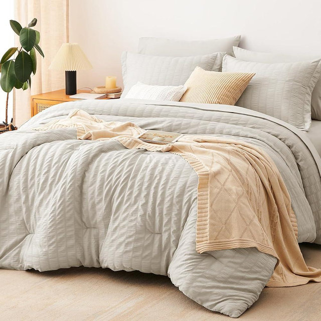 CozyLux Oversized Queen Comforter Set Beige Seersucker 7 Pieces 98x98 Bed in a Bag Comforter Set with Sheets, Luxury Soft Bedding Sets with Down Alternative Comforter, Sheets, Pillowcases & Shams
