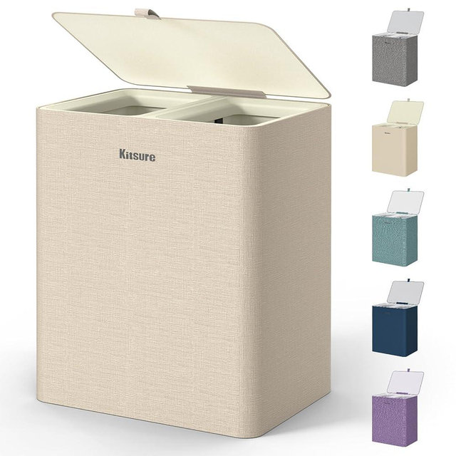 Kitsure Laundry Basket 160L – Large Laundry Hamper with Lid, 2-Compartment Divided Clothes Sorter with Removable Hamper Bags, Beige Organizer for Laundry Room, Bathroom & Bedroom, 22.2" x 16" x 27.4"