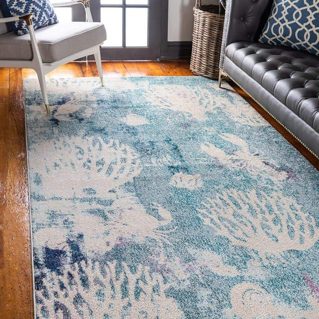 Unique Loom Positano Collection Coastal Modern Coral Lobster Shells Light Blue Area Rug (5' x 8')