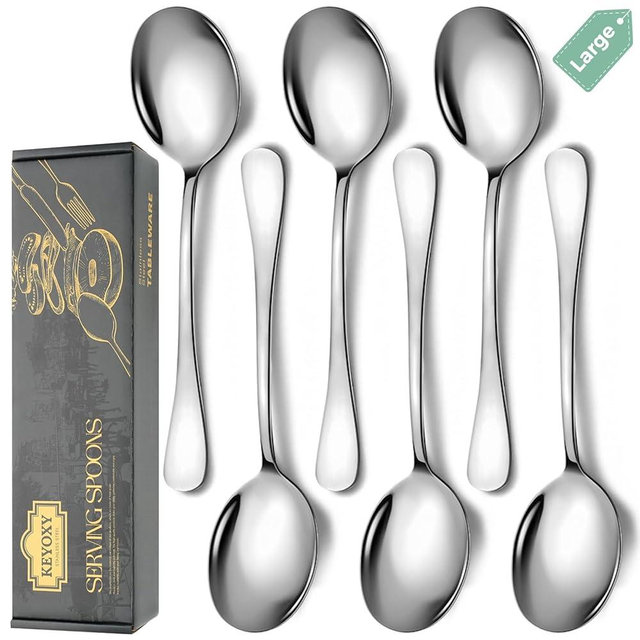 Keyoxy Stainless Steel Serving Spoons Set, 6pc, 10-Inch, Includes 6 Large Spoons, for Parties/Kitchen/Buffet/Catering, Dishwasher Safe