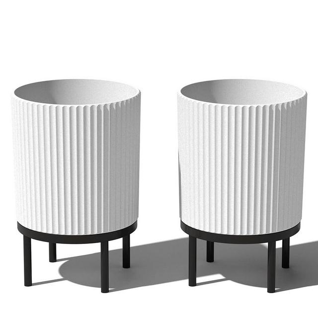 Veradek Demi Series Round Planter w/Stand for Porch/Patio | Durable Plastic-Concrete & Wooden Stand | Modern Décor for Tall Plants, Flowers