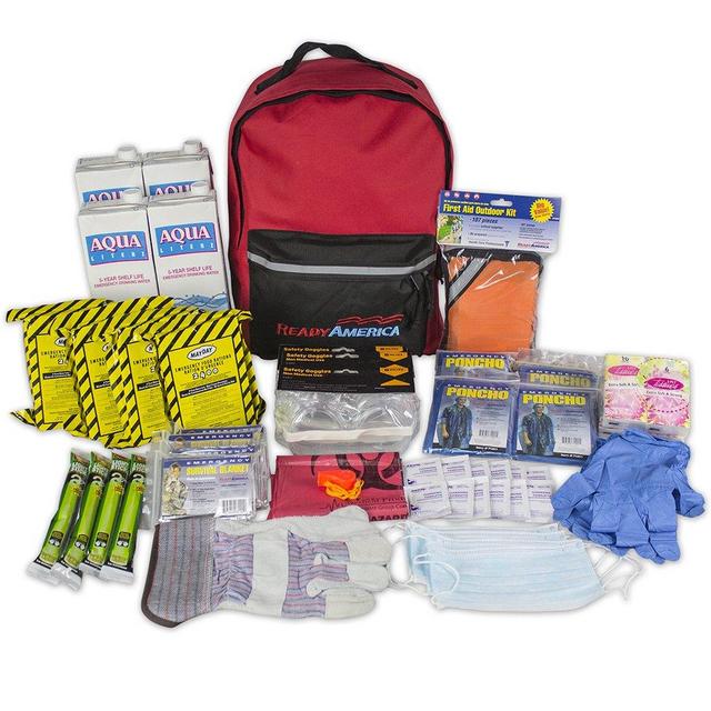Ready America 70380 72 Hour Emergency Kit, 4-Person, 3-Day Backpack, Includes First Aid Kit, Survival Blanket, Portable Preparedness Go-Bag for Camping, Car, Earthquake, Travel, Hiking, and Hunting, Red