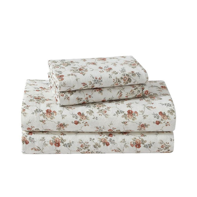 Laura Ashley - King Sheets, Cotton Flannel Bedding Set, Brushed for Extra Softness & Comfort (Le Fleur Orange, King)