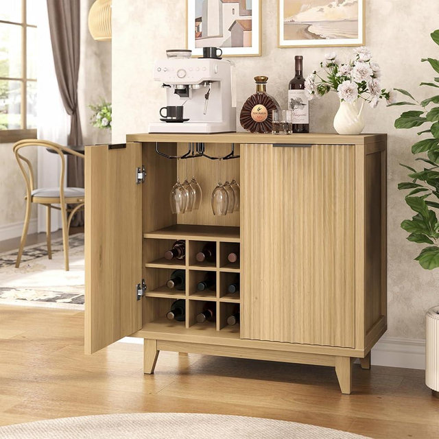 Modern Fluted Coffee Bar Cabinet with Removable Wine Rack and Adjustable Shelf, Solid Wood Legs, Multi-Functional Sideboard Buffet for Kitchen, Dining Room, Living Room, Entryway, Natural