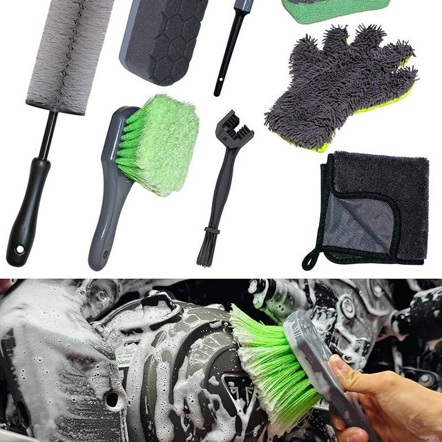 oesee 8 Pack Motorcycle Cleaning Kit - Professional Safe for Chrome/Engine/Tires, Hard Reach Brush, Microfiber Mitt, Detailing Tools, Drying Towel & Wax Applicators