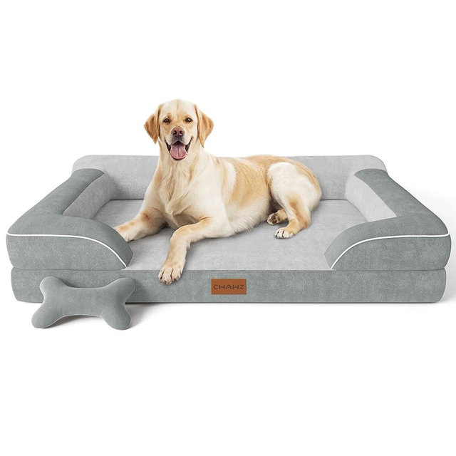 CWAWZ Jumbo Extra-Large Dog Bed, Orthopedic Gel Memory Foam, Waterproof with Removable Cover, 45" Dutch Velvet Sofa - Light Gray