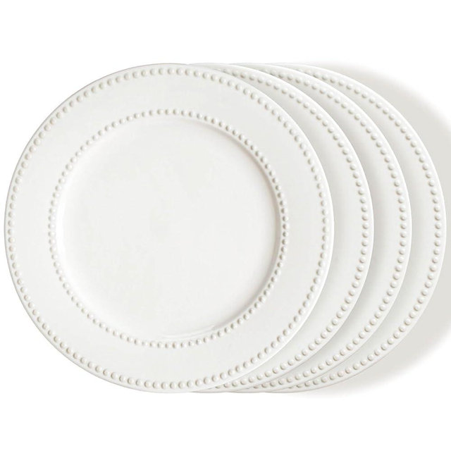 Wareland Dinner Plates Set of 4, 10.5 inch White Ceramic Plates, Embossed Salad Plates, Serving Plates for Steak Appetizer, Reusable Kitchen Dining Plates for Restaurant, Dishwasher Microwave Safe
