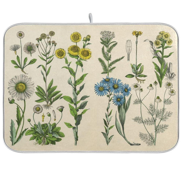 Herbs Flowers Botanical Plant Dish Drying Mat for Kitchen Counter Absorbent Microfiber Drying Pad, Medium 16x18 in, Reversible Drainer Mats