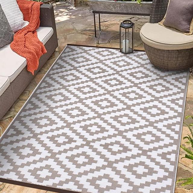 Green Decore Reversible Nirvana Outdoor Rug, Waterproof, Fade Resistant, Modern Large Floor Mats for Patios,Decks, Garden and Outdoors, Beach, Camping, Picnic - (Taupe/White, 6 X 9 ft)