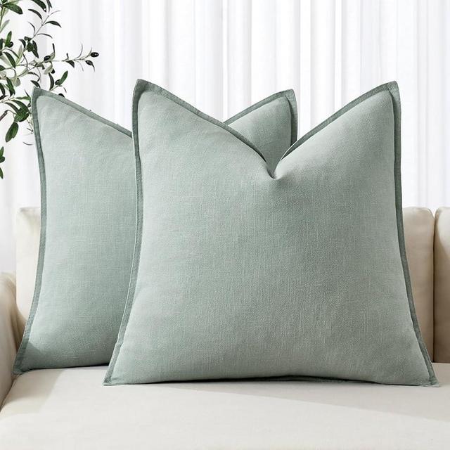 MIULEE Decorative Linen Pillow Covers 18x18 Inch Aqua Green ​Boho Farmhouse​ ​Neutral Couch Throw Pillows for Bed Pack of 2 Accent Modern Pillowcase Summer Sofa Livingroom Home Decor