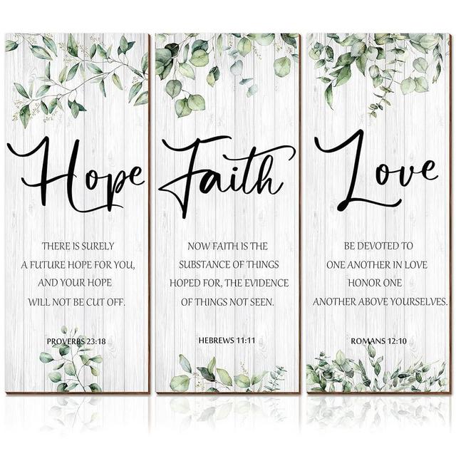 3 Pieces Faith Hope Love Wall Decor Bible Verse Inspirational Wall Art Hanging Wall Plaque Rustic Wooden Green Leaves Wall Sign Scripture Quote for Home Bedroom Wall Decoration