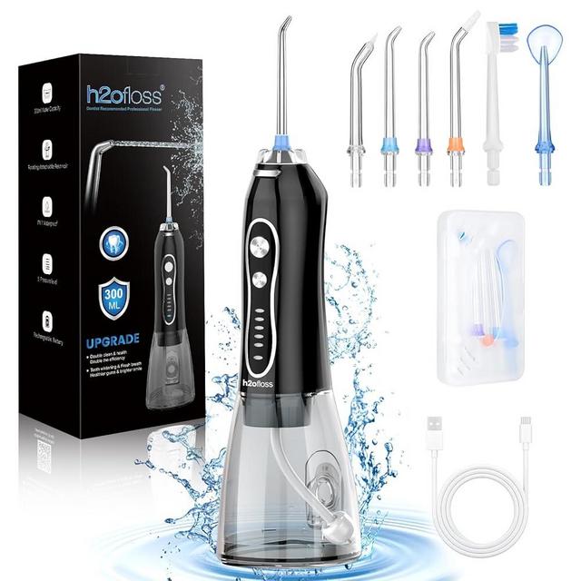 H2ofloss Water Dental Flosser Teeth Pick -Portable Oral Irrigator with 5 Modes, Rechargeable IPX7 Waterproof Orthodontic Teeth Cleaner Pick Cordless for Home Travel-300ml Water Tank