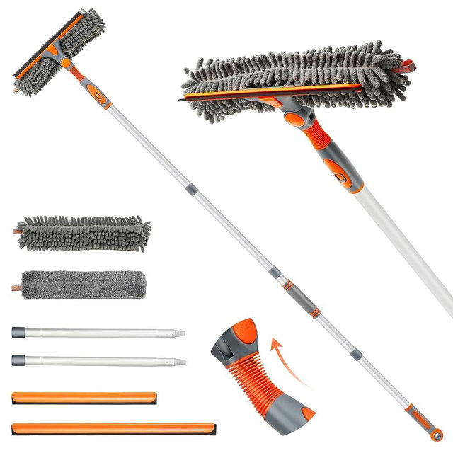 Eazer 89'' Squeegee Window Cleaner 2 in 1 Rotatable Window Cleaning Tool Kit with Extension Pole, Window Washing Equipment with Bendable Head for Indoor/Outdoor Window and Car Glass