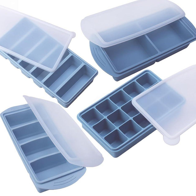 Silicone Freezer Molds Gift Set with 2 Tbsp, 1/2, 1, and 2 Cup Silicone Freezer Trays With Lids - Meal Prep and Kitchen Essentials Bundle (Blue 4 Pack)