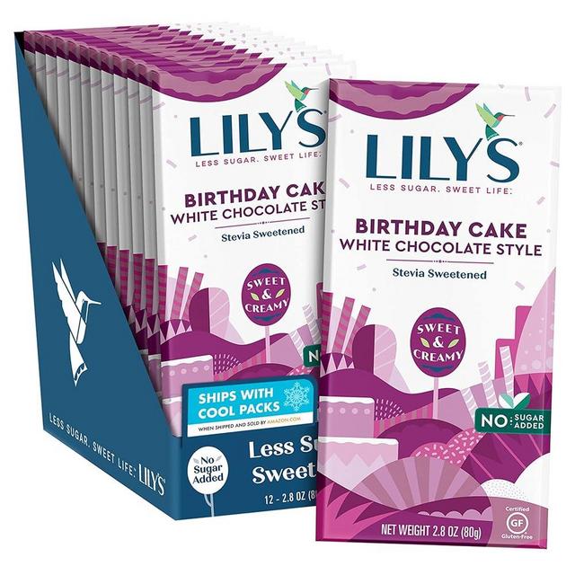 LILY'S Birthday Cake White Chocolate Style, Individually Wrapped, Gluten Free, Bulk No Sugar Added Sweets Bars, 2.8 oz (12 Count)