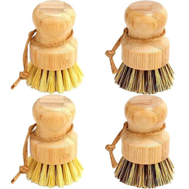 Bamboo Dish Brush Set, 4 Pcs Palm Wooden Dish Scrubber Brush, Bubble Up Dish Brushes, Durable Wood Dishes Scrub Brush, Natural Round Vegetable Cleaning Pots Pans Sink Washing Kitchen Brush by Aisuly