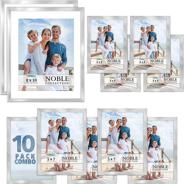 Icona Bay Combo-Sizes Silver Picture Frames Set - 10 PC (Four 4x6, Four 5x7, Two 8x10), Noble Collection Multi-Pack, Modern Professional Design for Wall Gallery