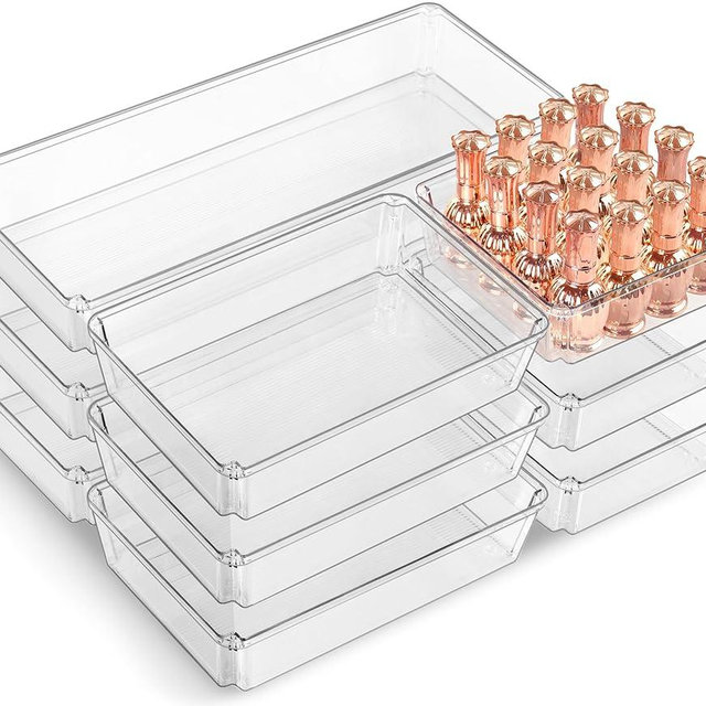 9 PCS Clear Plastic Drawer Organizer Sets, 3 Sizes Vanity Organizer Trays Stackable Storage Bins for Kitchen, Cabinet, Bathroom, Office, Laundry Room Organizing