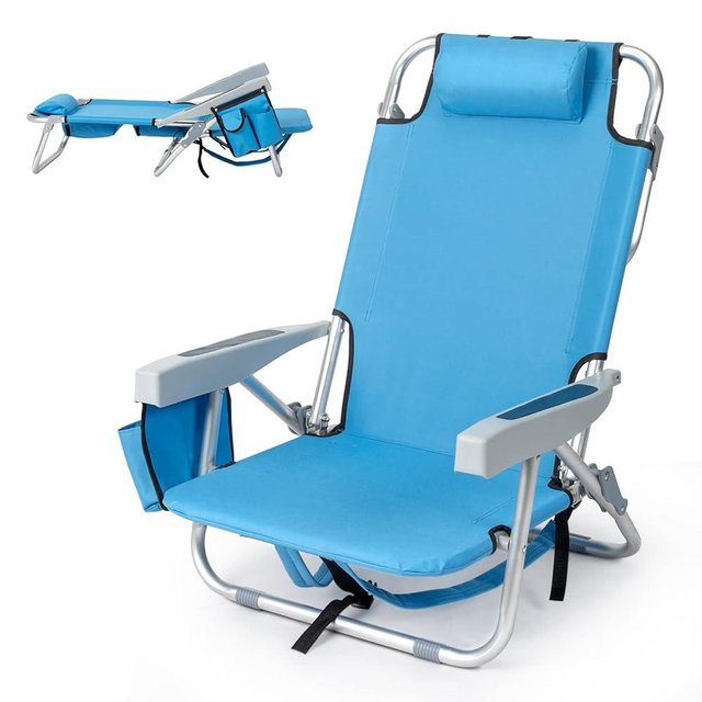 Outvita Backpack Beach Chair, 5 Level Adjustable Positions Beach Chair with Back Storage Bag, Cooler Pouch and Side Bags for Beach Poolside Lawn (Low)