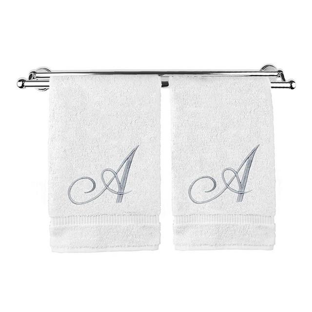 Monogrammed Hand Towel, Personalized Gift, 16 x 30 Inches - Set of 2 - Silver Embroidered Towel - Extra Absorbent 100% Turkish Cotton- Soft Terry Finish - For Bathroom, Kitchen and Spa- Script A White