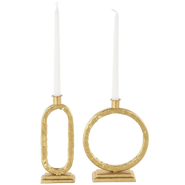 Deco 79 Metal Decorative Candle Holder Tapered Candle Stand with Rectangle Base, Set of 2 Candlestick Holder 10",9" H, Gold