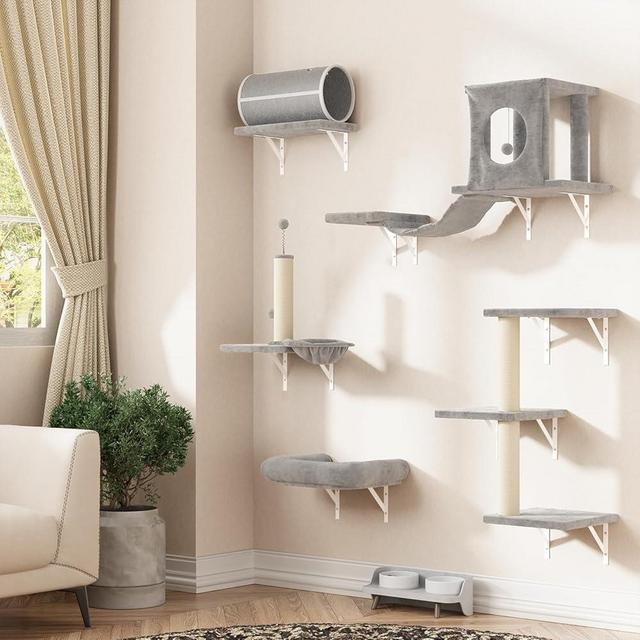 NUNU LAB 7-in-1 Wall Mounted Cat Climber Set, Cat Furniture Set, Cat Climber with Cat House, Tunnel, Bridge, Tree, Steps, Scratcher Board and Hammock, Cat Shelves for Indoor, Luxury Cat Walls(Grey)