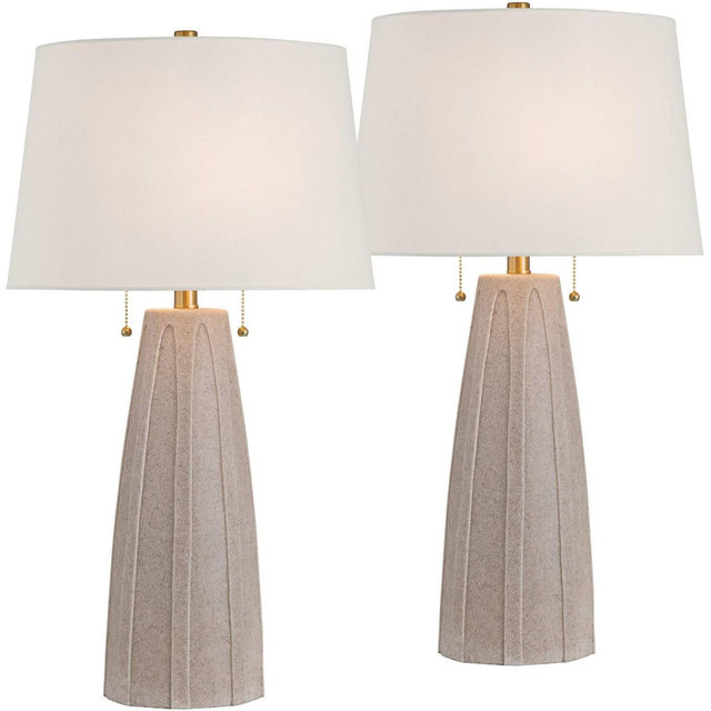 360 Lighting Arizona 28" Tall Modern Coastal Table Lamps Set of 2 Pull Chain Beige Faux Sandstone Finish White Shade Living Room Bedroom Bedside