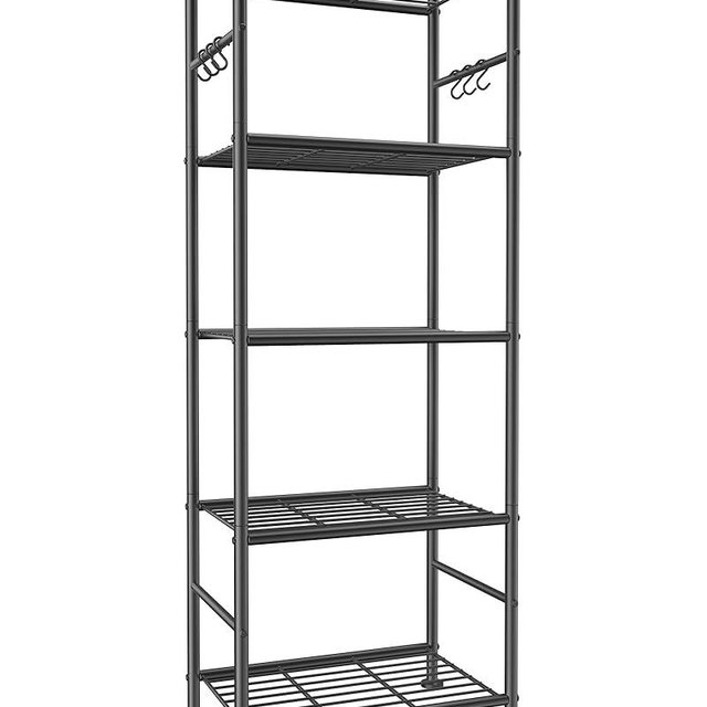 Sakugi Storage Shelves - 5-Tier Large Capacity Shelf Organizer with Hooks, Heavy-Duty Garage Shelving with Leveling Feet, Wobble-Free Rack for Bedroom, Balcony, Garage, 18.1"×12.4"×56.8", Black