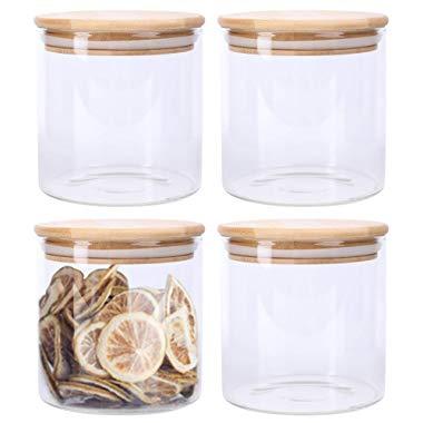 Lawei 4 Pack Glass Storage Jars with Sealed Bamboo Lids - 18.6 FL OZ Clear Glass Bulk Food Storage Canister for Serving Tea, Coffee, Spice, Candy, Cookie